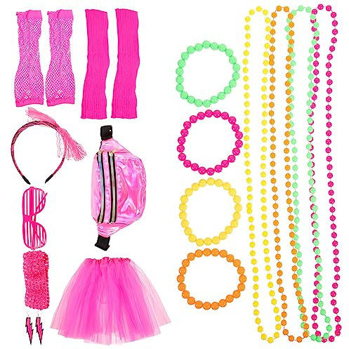 DEARMAMY 1980er Neon Familienparty Damen Kostüm Set Netz Handschuhe Stirnband Kleid Bunte Halskette Armband