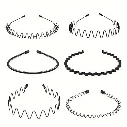 IMAXWAVE Set de 6 diademas de metal antideslizantes con ondas unisex para hombres y mujeres, elásticas y cómodas, perfectas para deportes, uso diario, peinados con estilo y accesorios de cabello