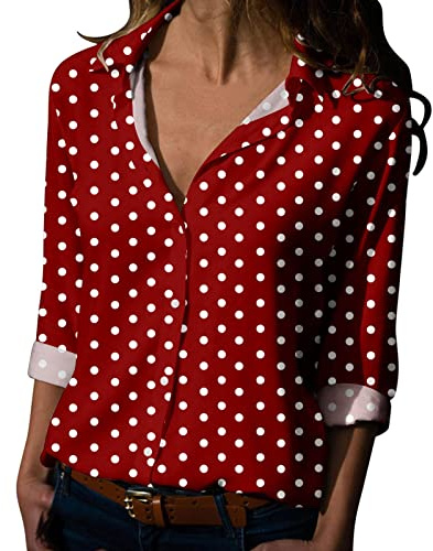 Tunique décontractée à pois pour femme - Coupe ample - Manches longues - Col en V - Manches 3/4 enroulées - Chemise habillée Henley pour le travail et le bureau, Rouge, XXL