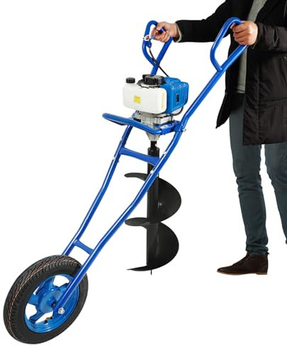 2-Takt Benzin Erdbohrer mit Handwagen, 52CC 1.46KW Erdlochbohr, EIN-Zylinder Benzin Pfahlbohrer Erdbohrgerät mit 300mm Bohraufsätzen, 1L Kraftstofftank, Gartenbohrer Blau