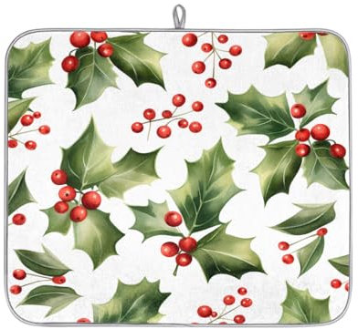 Mexpekil Tapete de secado de platos de hojas de acebo de Navidad para encimera de cocina, tapete absorbente para máquina de café, tapete escurridor de platos de microfibra antideslizante, 16 x 18