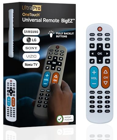 UltraPro BigEZ OneTouch Big Button Universal TV Remote for Seniors, Easy to Use, Replacement Remote for Samsung, LG, Sony, Vizio, Roku TV, Streaming Players, Backlit Buttons, 2 Device, White, 85053