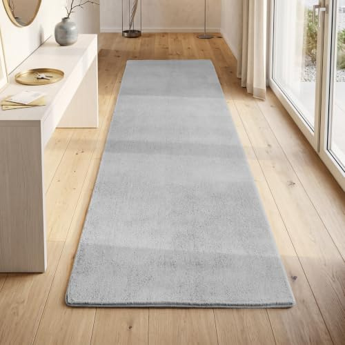 HomebyHome Läufer Teppich Silber 80x250 cm Waschbarer Kurzflor Teppich, rutschfest & weich, modernes einfarbiges Design für Schlafzimmer, Küche & Flur
