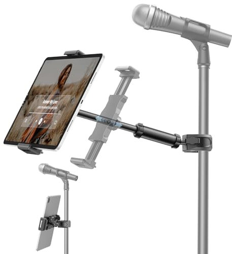 KDD Supporto Tablet per Microfono, Porta iPad Regolabile per Asta Microfonica, Supporto per Manubrio di Cyclette, Compatibile con iPad Pro 12,9, Air, Mini, Galaxy Tabs, iPhone (4,7-13 pollici)
