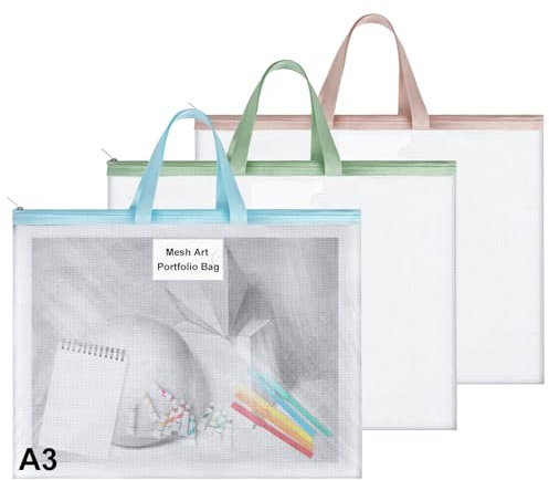 BEIMEIII Paquete de 3 bolsas de arte de malla EVA A3, impermeables, carpetas de pintura transparente con tarjetero, bolsa de almacenamiento colorida para dibujos, documentos