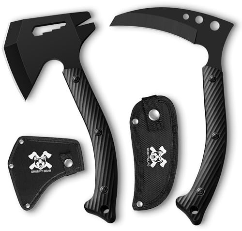 GRUMPY BEAR Camping Axt und Sichelsatz – Zwei Outdoor-Werkzeuge für Camping, Überleben und Bushcraft Kombination aus Axt und Beil aus hochgekohltem Stahl Schwarze Oxidbeschichtung, Schutzhüllen