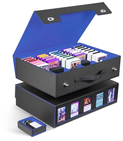 ZLCA Trading Card Storage Box 5-Row with Handle, MTG Storage Box Holds 3900+ Cards with Commander Display, Top Loaders Organizer Case for TCG PTCG Sport Card(Black&Blue)