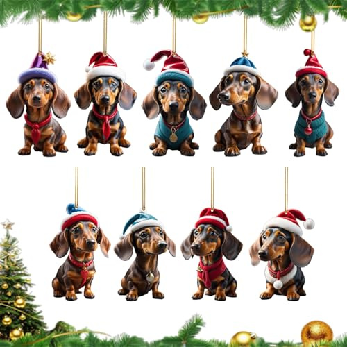 GUOYOU 9 Stück Dackel Weihnachtsschmuck 2D Acryl Weihnachtsbaum Anhänger | Dackel Weihnachten Weihnachtsanhänger Cartoon Weihnachten Deko für Weihnachtsbaum, Hängende Dekoration, Auto Anhänger