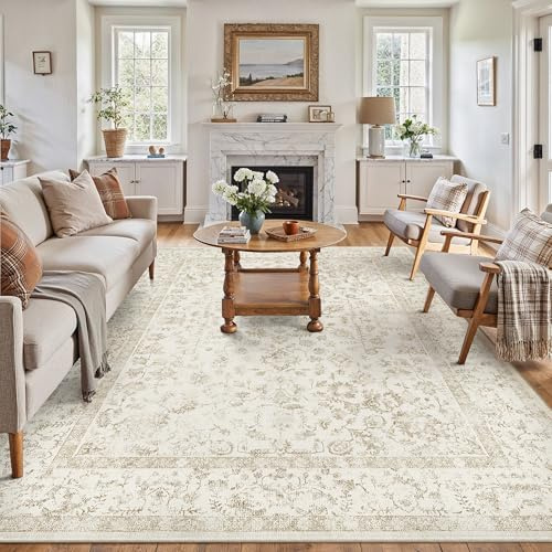 PureCozy Teppich Wohnzimmer Beige 200x300cm Waschbarer rutschfest Teppiche | Weicher Kurzflor, Pflegeleicht, Vintage Carpet, Schlafzimmer, Esszimmer, Büro ,Kinderzimmer