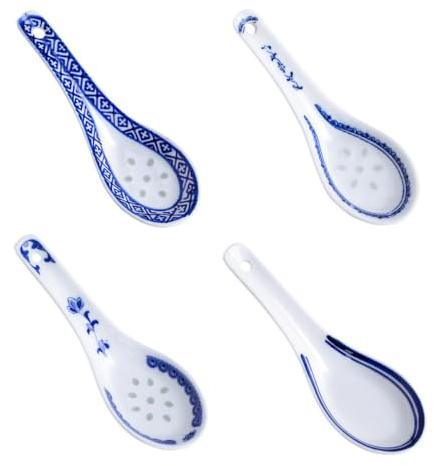 LOLIPPYY 4 pièces Cuillère Céramique Asiatique Décorative Cuillères à Soupe Rétro Porcelaine Service Pratique pour Riz et Porridge Résistantes Chaleur Usage Quotidien