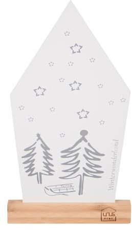 UNUS Aufsteller Winterwonderland Hausform mit Sternenhimmel aus Metall | mit Bambusfuß, Winterdeko in Weiß