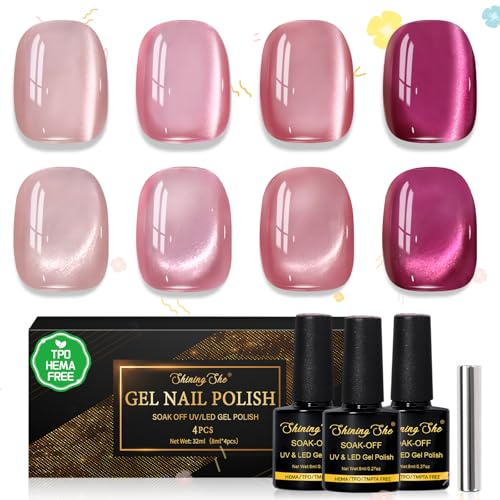 Shining She Smalto Semipermanente Unghie TPO-Free HEMA-Free, 4 Colori Serie Rosa Vetro Jelly Cat Eye Gel Polish Soak-Off UV/LED Smalti Semipermanenti per Unghie per Principiante Nail Art Salone, 8ML