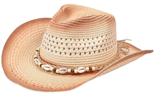 Sombrero de Vaquero de Paja, Sombrero de Vaquera de Paja de ala Ancha con protección Solar, Gorra Occidental Enrollable Transpirable con Cordel de Cuentas para Vacaciones de Verano en la Playa, Beige