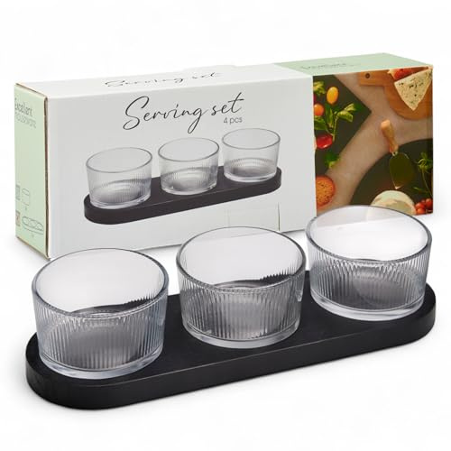 MIJOMA Juego de 4 piezas – 3 cuencos de cristal acanalados con bandeja de madera negra – Elegante juego de aperitivos y salsas – Accesorio de mesa moderno – para servir y decorar