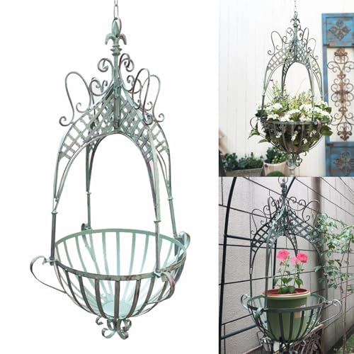 Fioriera da appendere vintage con catena, design in ferro battuto, per esterni e interni, giardino, balcone, portico e decorazione patio