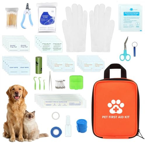 Esoes Kit di primo soccorso per cani e gatti [128 pezzi] Set di pronto soccorso per piccoli animali Set di emergenza per cani e gatti Ideale per animali domestici, per la casa, in escursione o in