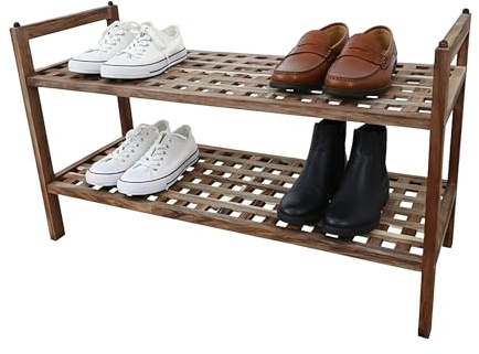 Relaxdays Schuhregal Akazienholz, 6 Paar Schuhe, 2 Schuhablagen, HxBxT: 41 x 69 x 26 cm, stapelbares Schuhgestell, Natur
