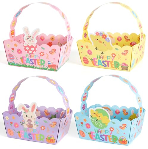 Yewfold Easter Baskets Craft Set of 24, Small Paper Easter Basket Bulk, Bunny Chick Egg Mini Treat Boxes with Handle for Candy Cookies Egg Hunt Easter Party Supplies (Easter.24)