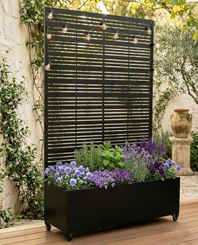 Hochbeet Metall 119 x 41 x 185 cm, Gartenbeet mit Sichtschutz Pflanzkasten Pflanzkübel 33cm tief, Gemüsebeet mit Rankgitter und Rollen ideal für den Garten | für Gemüse, Kräuter & Blumen
