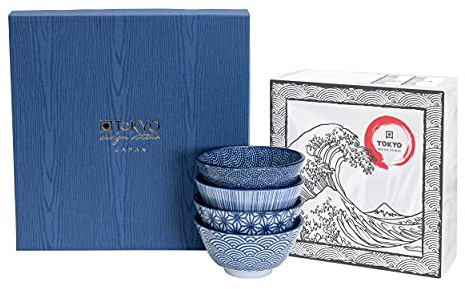 TOKYO design studio Nippon Blue Set de 4 Bols Bleu-Blanc, Ø 12 cm, env. 300 ML, Porcelaine Japonaise à Motifs géométriques, boîte Cadeau Incluse