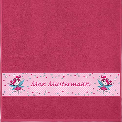 Manutextur Handtuch mit Namen - Motiv Kinder - Fee - viele Farben & Motive - personalisiert - Fuchsia - Größe 50x100 cm - persönliches Geschenk