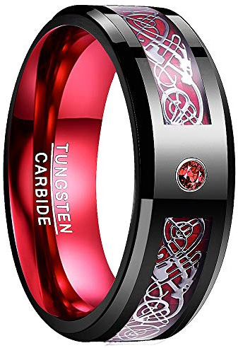 NUNCAD Bague Homme Dragon Celtique, Anneau en Tungstène avec Fibre de Carbone, 8mm, Bague/Bleu/Or/Noir/Rouge