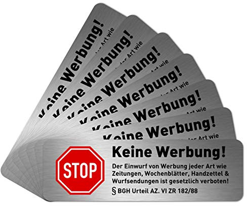 NEU 7 x Keine Werbung Aufkleber für Briefkasten (6,7 x 2,1 cm klein) - Keine kostenlosen Zeitungen und Reklame einwerfen - Briefkastenaufkleber - Selbstklebend - Edelstahl Optik