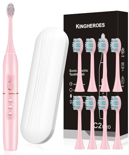 kingheroes Electric Toothbrush Set, Comes with 8 Brush Heads & Travel Case,4 Modes with 2 Minutes Built in Smart Timer, One Charge for 60 Days, 42000 VPM Motor (Pink)