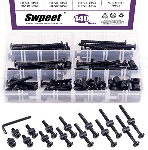 Swpeet 141Pcs Noir M6 × 15/20/25/30/35/40/45/50/60/65/75/80mm Kit de vis pour crèche, vis à tête hexagonale avec capuchon pour lit de bébé, boulons et écrous cylindriques avec 1 clé Allen. Parfait