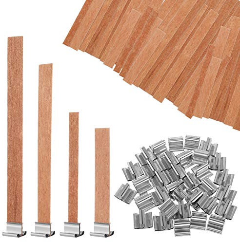 Fuyamp Natural Wood Candle Wicks, 4 Sizes (12.5 x 75mm, 8 x 90mm, 13 x 130mm, 12.5 x 150mm), 40 Sets with Iron Stands for DIY Candle Making