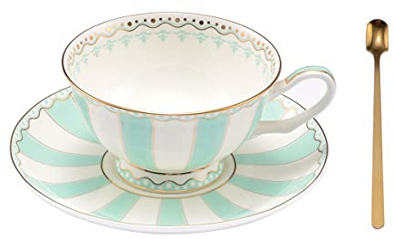 Pfedxoon Bone China Tea Cup Set with Saucer Spoon - 3 Piece (240ml) - Cappuccino & Latte Cups - Porcelain - Blue & White - Mother's Day Gift