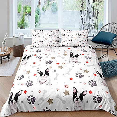 Loussiesd Französische Bulldogge Betten Set Netter Hund Gedruckt Bettwäsche Set 135x200cm 3D Tier Thema Bettbezug Set Für Kinder Hundeliebhaber Schlafzimmer Dekor Haustier Hund Muster Zimmer Dekor