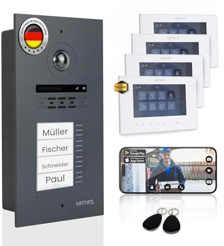 Mathfel 2 Draht Bus Technik 4 Familienhaus Video Türsprechanlage Gegensprechanlage Fischaugenkamera 170 Grad, 4x7'' Monitor mit WLAN, Aufputz Montage