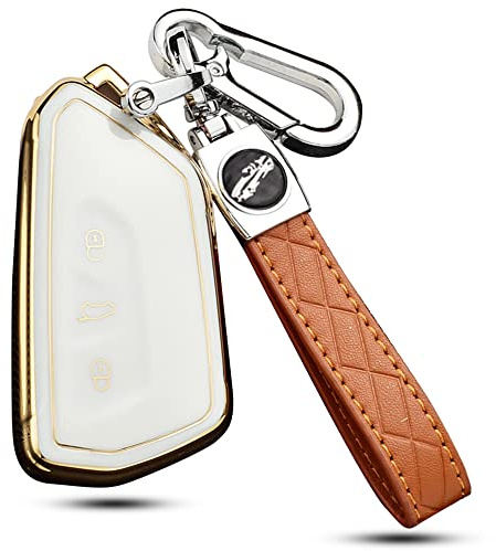 ontto Autoschlüssel Hülle mit Schlüsselanhänger Passt für VW Golf 8 R GTI ID.3 ID.4 ID.6X Seat Leon MK4 Skoda Octavia Enyaq 2020-2022 Fernbedienung Cover TPU Schutzhülle Schlüsseletui 3 Tasten-Beige