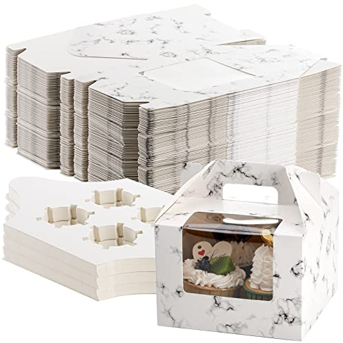 ZEAYEA 40 Pack Cupcake Containers, 4 Count White Kraft Paper Cupcake Boxes | Cupcake Holders Bakery Carrier Boxes with Insert Window and Handle for Wedding Birthday Party