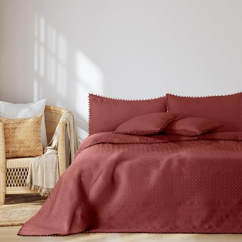 AmeliaHome Tagesdecke mit Pompons 170x210 cm Bettüberwürf Meadore | zweiseitig Ultrasonic Steppung Polyester Altrosa