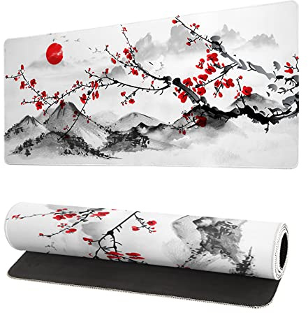 Tapis de souris aquarelle fleur de cerisier 70 x 30 cm - Grand tapis de souris de jeu japonais Sakura - Base en caoutchouc antidérapant - Imperméable - Avec bords cousus pour jeux et bureau