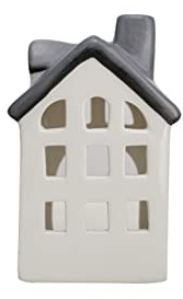 HEITMANN DECO Keramik Teelichthalter Haus Weiß Grau Dekohaus mit Fenster für Teelicht oder LED Licht 15 x 9,5 cm