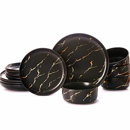 Pokini Black Gold Splash Geschirrsets, Marmor-Porzellanteller und -Schüssel-Sets, modernes Luxus-Geschirr-Set für 4, 12-teiliges Feinporzellan-Teller-Set für formelle Abendessen und Jubiläen, nicht