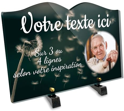 Grabschild, Buch mit Foto, personalisierbar, aus Plexiglas, Motiv Löwenzahn, verschiedene Größen, Dicke 6 mm, personalisierbar auf mehreren Zeilen, 30 x 20 cm