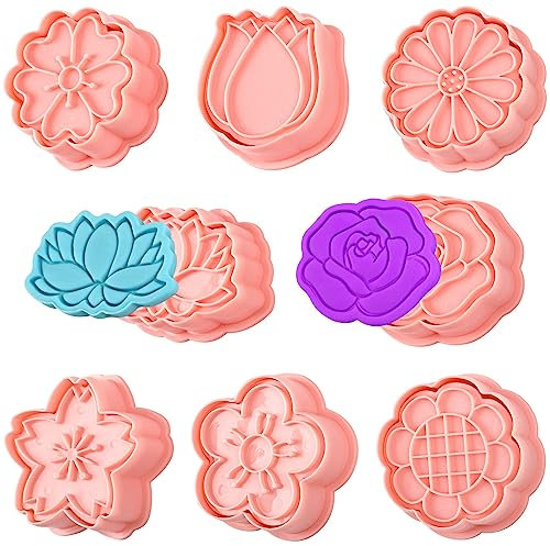 8 Pack Flower Cookie Cutters, 3D Cookie Cutter with Plunger Stamp, 8 Styles Spring Flowers Cookie Stamps for Home Kitchen