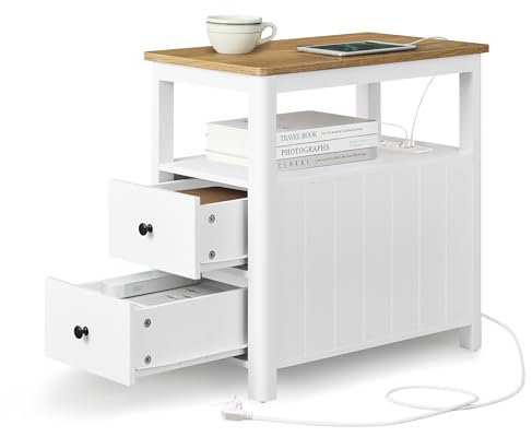 VASAGLE Beistelltisch, schmaler Nachttisch mit Steckdosenleiste, 2 Schubladen, Sofatisch, für kleine Räume, maritimer Stil, walnussbraun-weiß LET327W14