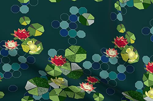 Spoonflower Fabric - Lotus Pond Origami Green Blue Red Flower Japanese Lake Gold Yellow Printed on Polartec(R) Fleece Fabric Fat Quarter - Sewing Blankets Loungewear and No-Sew Projects
