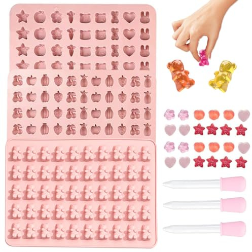 Moules à Bonbons en Silicone (Set de 3) – Moule Silicone Bonbon avec 3 Pipettes - Moule à Chocolat Réutilisables & Moules à Bonbons en Forme D'Ours en Gélatine - Kit Mini Moules à Bonbons (Rose)