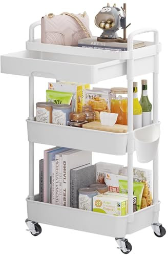Wuciray 3 Schicht Regal mit Rollen Beistellwagen mit Rollen Rollregal Weiß Putzwagen Friseurwagen Servierwagen Bastelwagen für Kinder Rollwagen Plastik mit Schubladen Aufbewahrungswagen