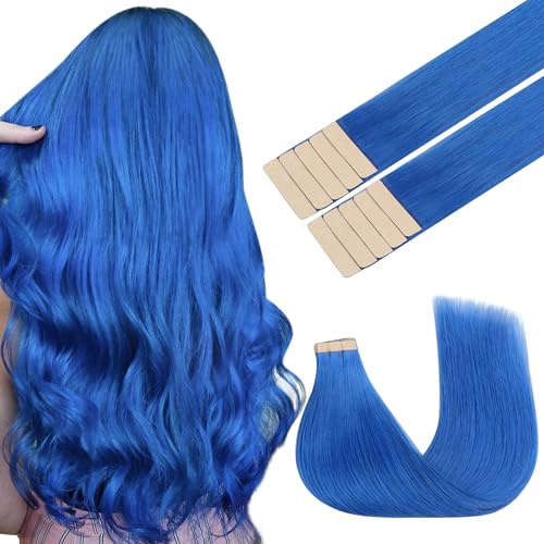 GOO GOO Farbige Tape Extensions Echthaar, 45cm 25g 10 Stk., #Blue | Remy Echthaar, Seidig Weich, Verfilzungsfrei, Unsichtbare, Starker Halt, Langlebig, für Feiern, Partys, Hochzeit, Festivals