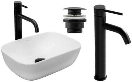 GTM Design Aufzatzwaschbecken mit Armatur - Waschbecken mit Hahn - Waschbeckenarmatur Schwarz - Aufzatzwaschbecken Rechteckiges - Waschbecken Weiß Glanz - Aufsatzwaschbecken mit Armatur komplett Set
