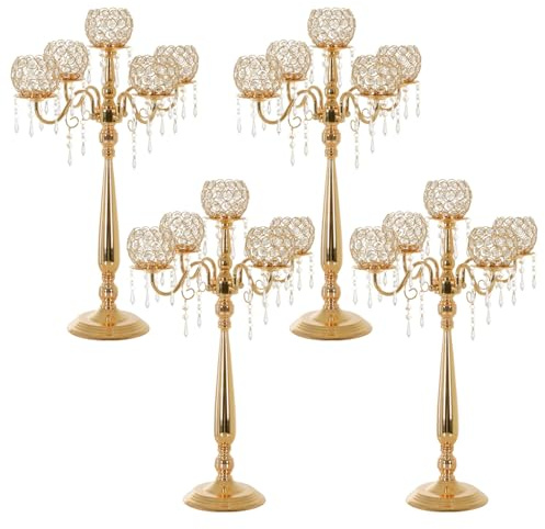 Kristall-Kandelaber mit 5 Armen, für Hochzeit, Tafelaufsatz, Goldener Boden-Kerzenhalter mit Kronleuchter, Kristallperlen, Jahrestag, Abendessen, Party, Tischdekoration, Kerzenleuchter de Mesa | Kerzenhalter-Set mit Kronleuchter für Jahrestag, Abendessen, Party, Tischdekoration, Kandelaber de Mesa, 74 cm hoch