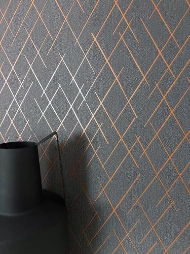 NEWROOM Tapete Anthrazit Vliestapete Linien - Mustertapete Modern Kupfer Orange Striche Leicht glänzend Retro Grafisch Grafik-Tapete Metallic inkl. Tapezier-Ratgeber