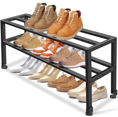MISSLO Robustes Schuhregal mit 2 Ebenen, Metall Schuhständer für kleine Räume, Schuh-Organizer Stapelbar Schuhablage für Schlafzimmer, AußEn (Schwarz)